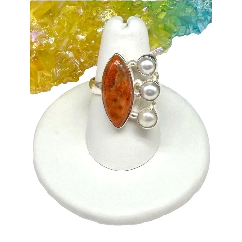 Orange Mohave Turquoise & Freshwater Pearl Ring Size 7 Solid 925 Sterling Silver